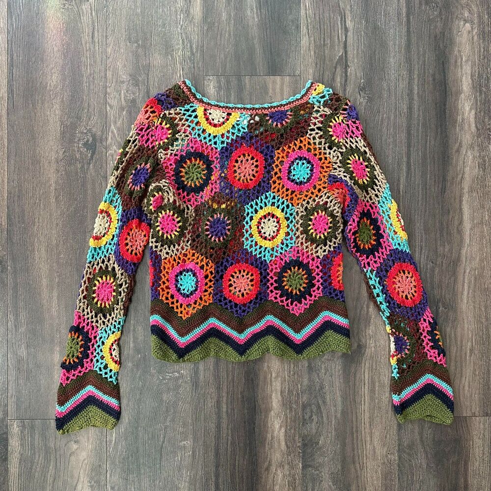 Vintage Express Tricot Open Knit Sweater Bright Floral Patchwork V-Neck Size Lg - Picture 2 of 8